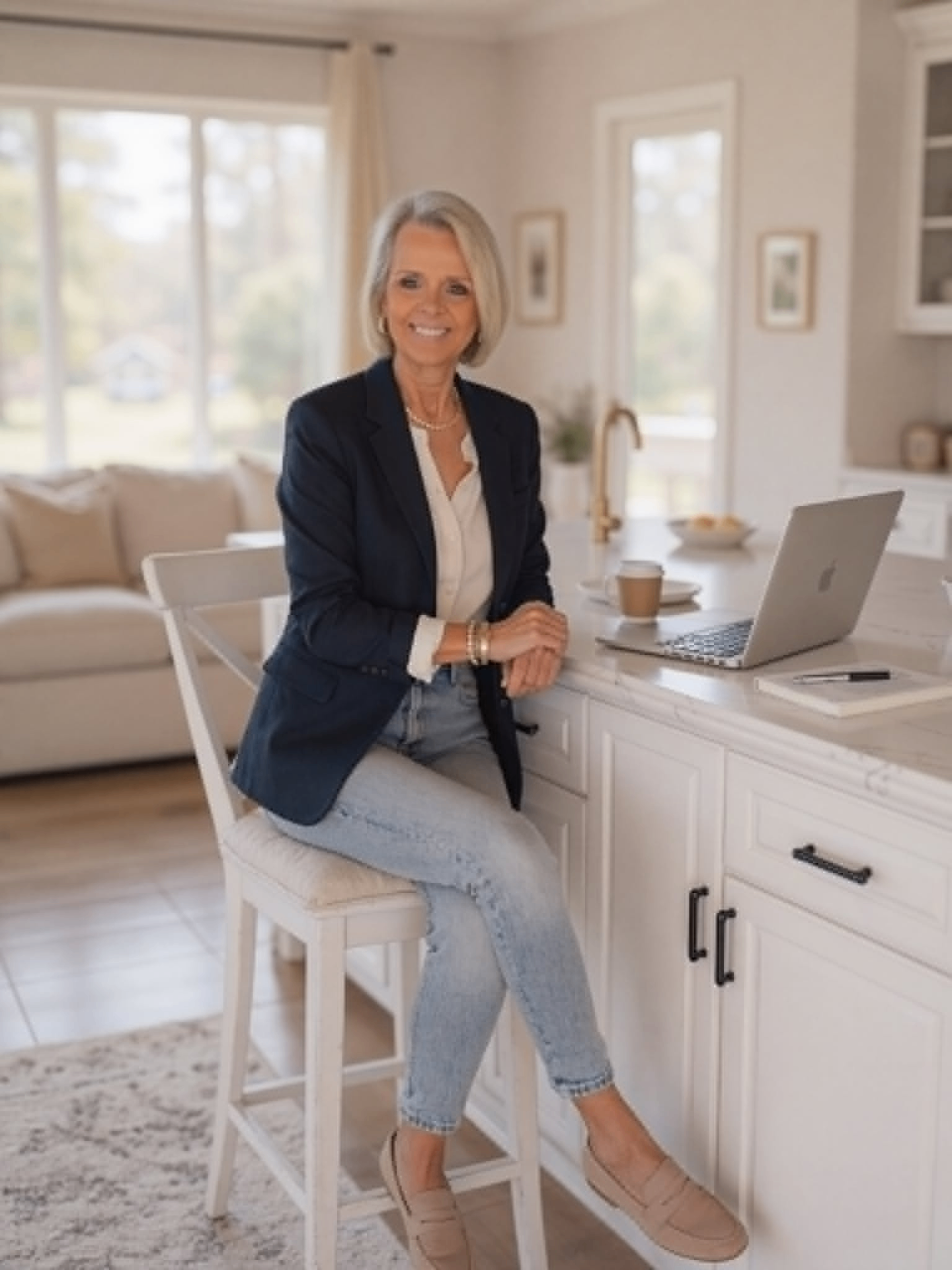 A confident woman at her kitchen island with her laptop