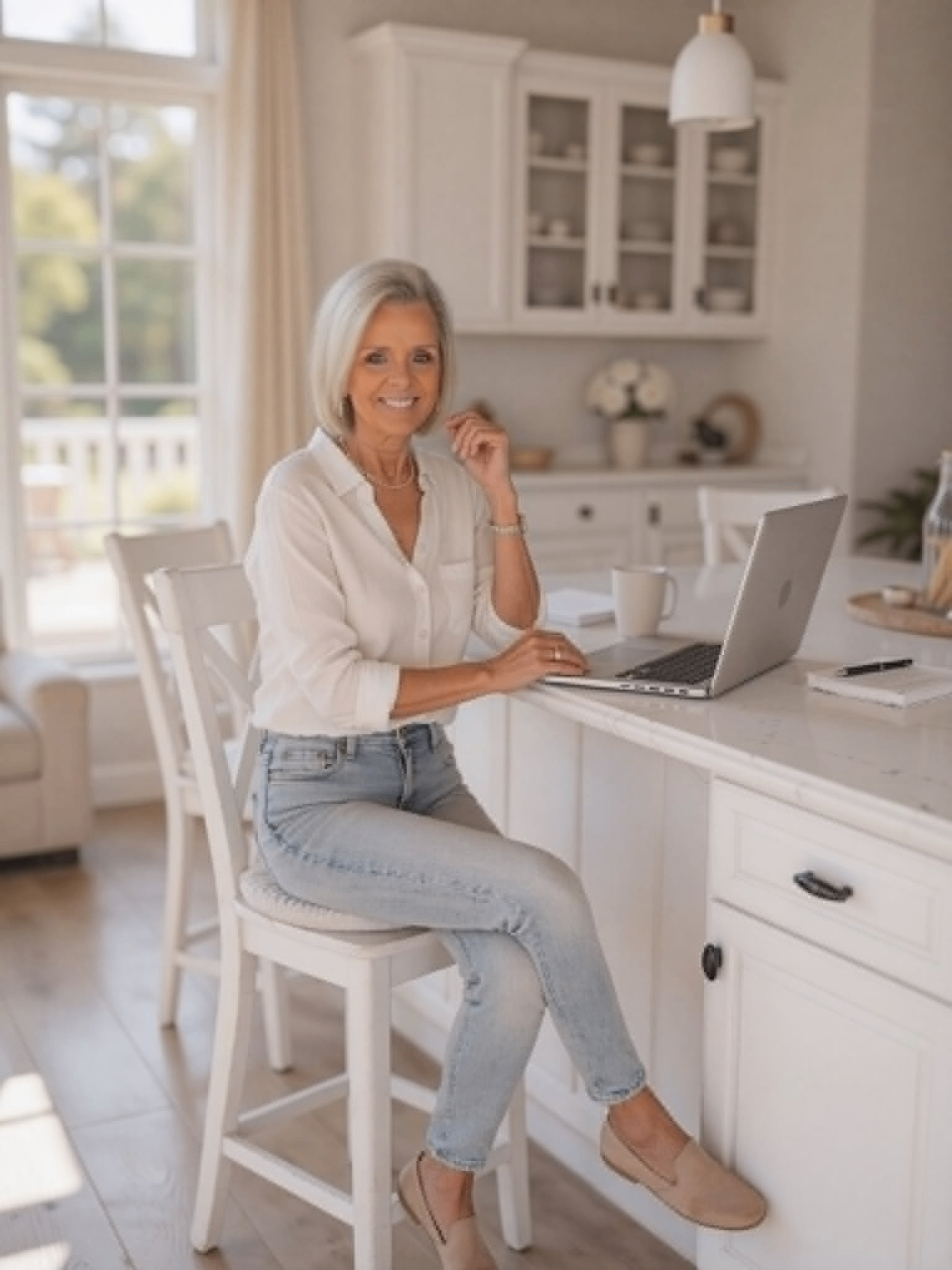 A woman working from her kitchen counter on a laptop